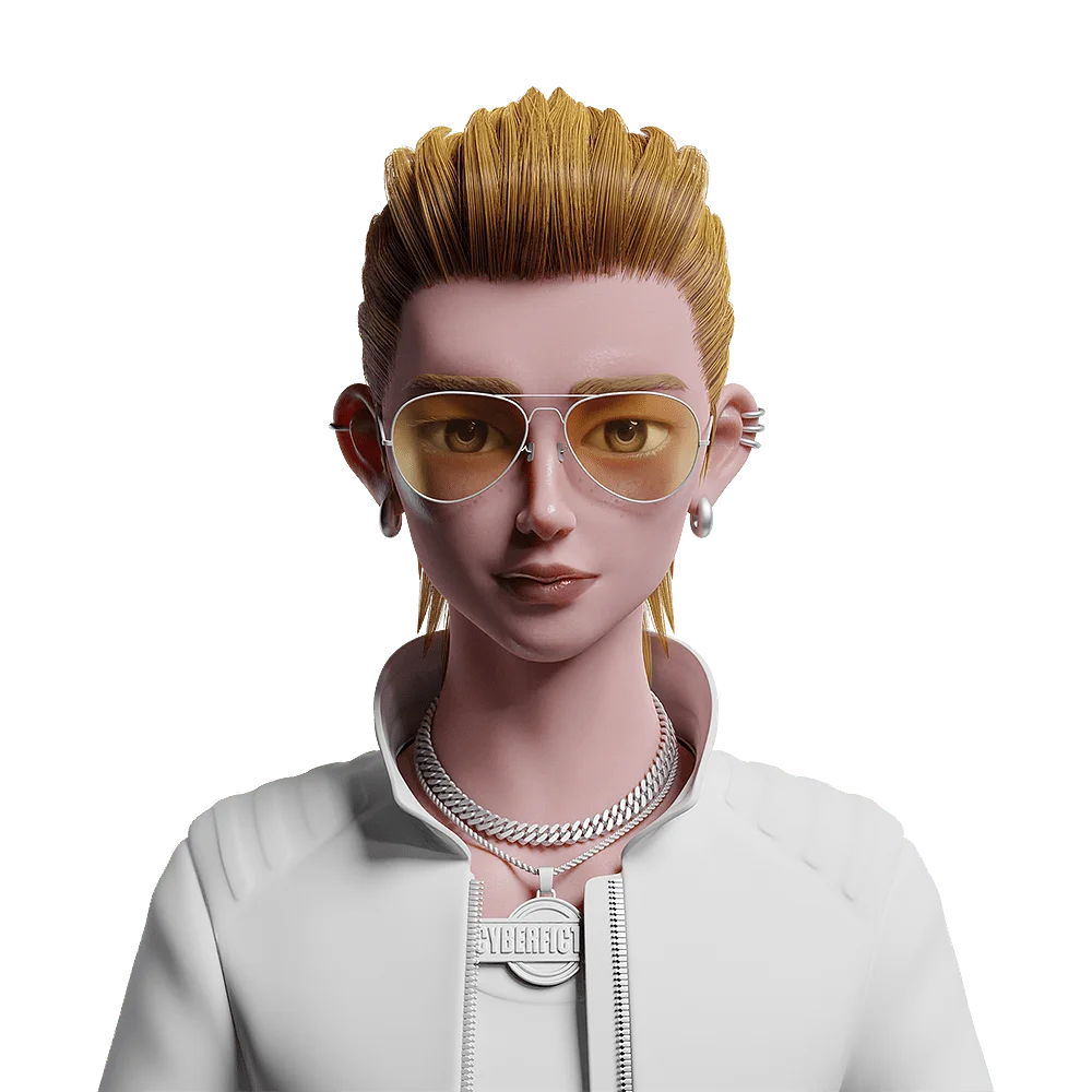 Cyberfiction avatar wearing aviator sunglasses and a white jacket